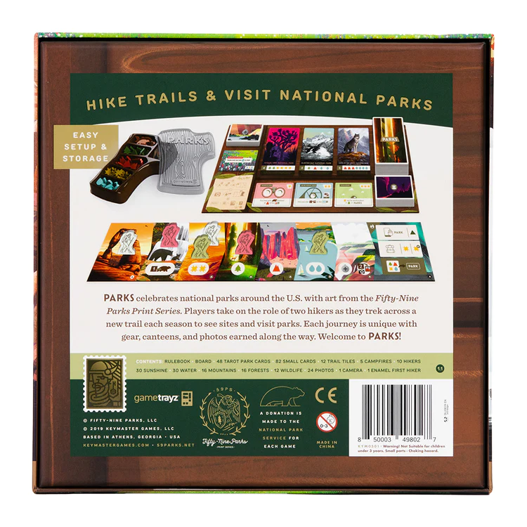 Back of PARKS board game box showing setup instructions and components.