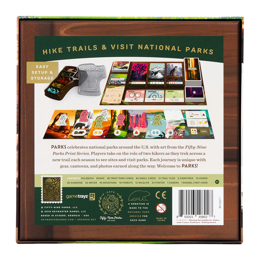 Back of PARKS board game box showing setup instructions and components.
