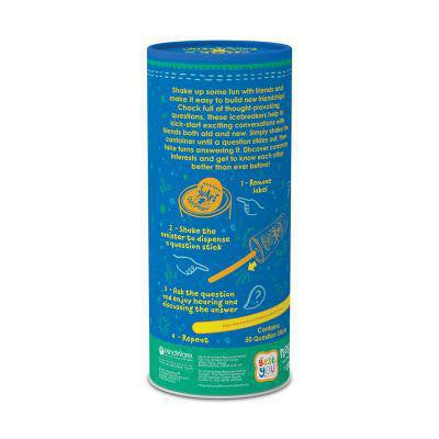 Blue cylinder labeled Shake Up The Conversation Friends Edition with visible instructions and illustrations on the back.