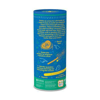 Shake Up The Conversation Friends Edition, blue and yellow cylindrical game with illustrated instructions for kids.