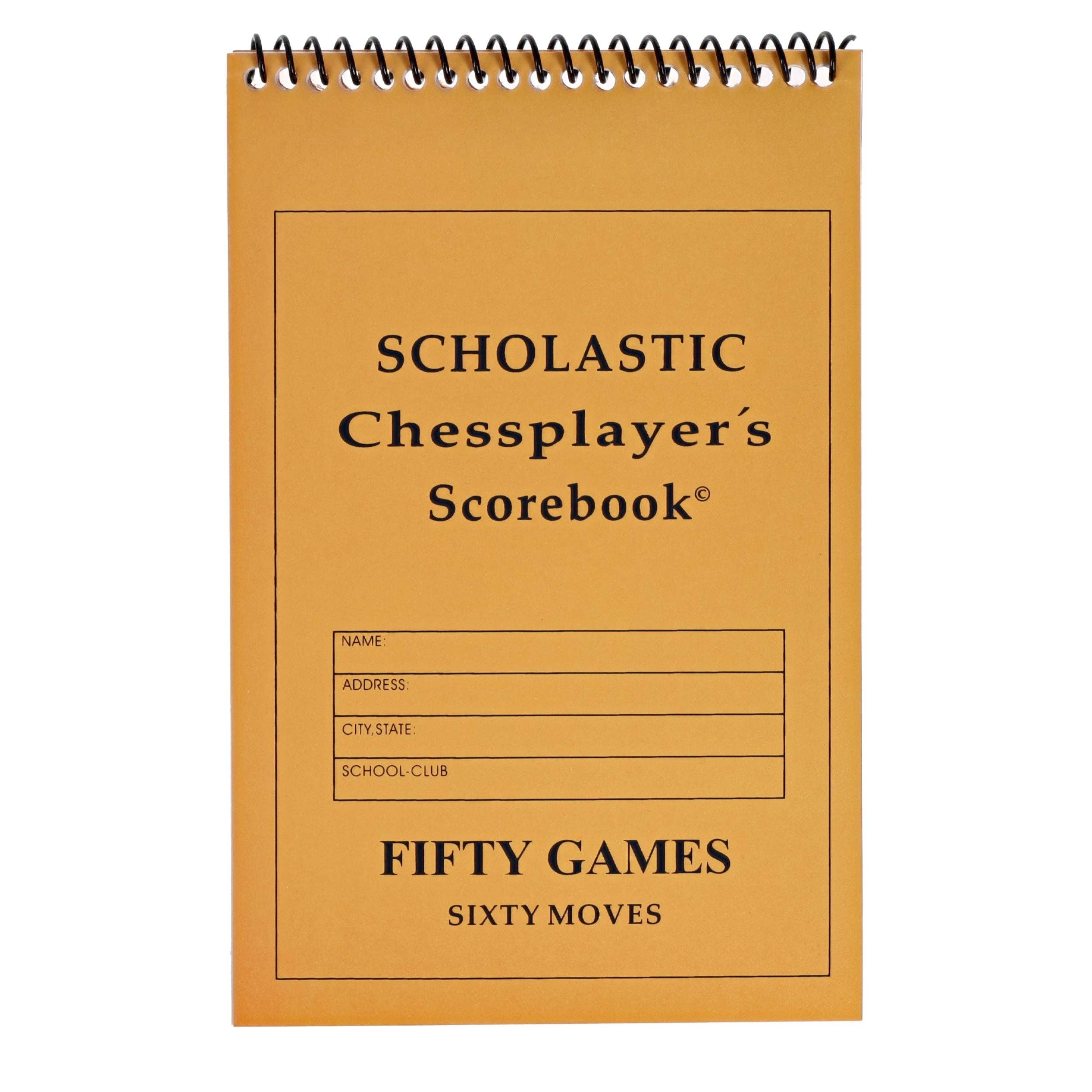 WE Games Ultimate Chess Players Scorebook, orange, spiral-bound, with sections for name, address, city, and school club.