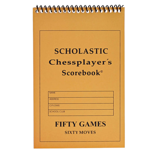WE Games Ultimate Chess Players Scorebook, orange, spiral-bound, with sections for name, address, city, and school club.