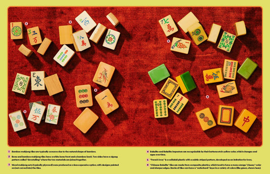 Mahjong game tiles with accompanying guide and strategy tips displayed on a red surface.