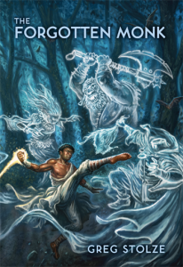 13th Age: The Forgotten Monk FICTION cover featuring a monk facing ghostly warriors in a dark forest.