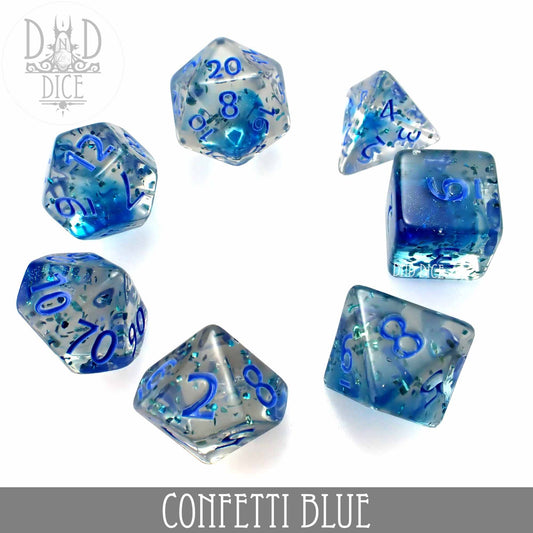 Confetti Blue 7-piece clear acrylic dice set with blue confetti and numbers.