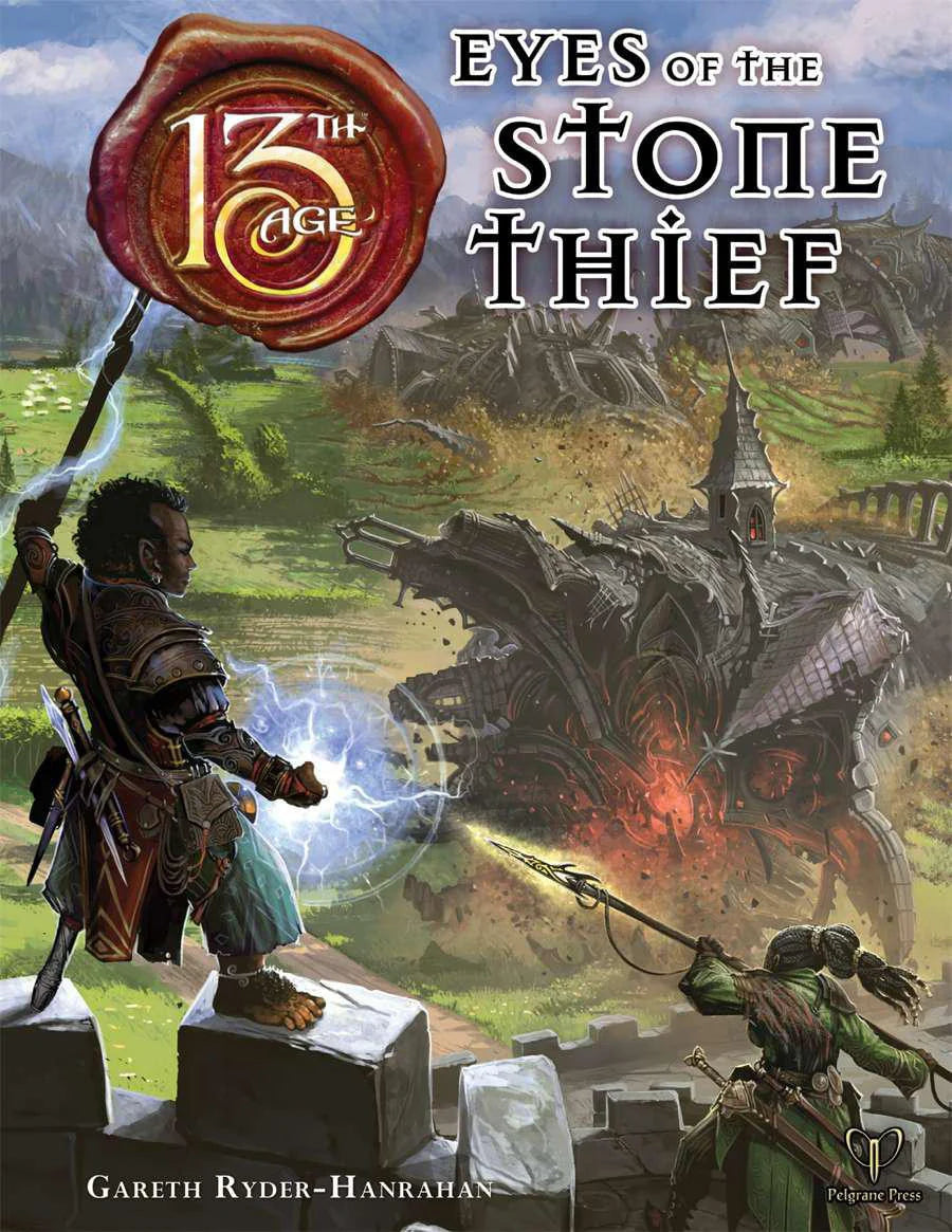13th Age Eyes of the Stone Thief cover featuring two adventurers confronting The Stone Thief, a living dungeon.