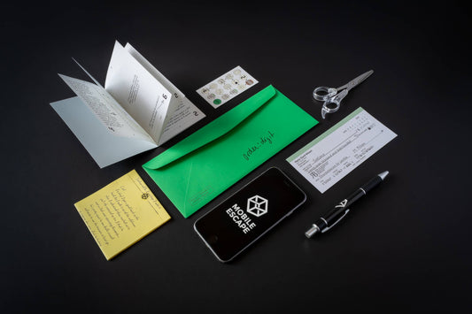 Family Secrets Series: Episode 11 greeting cards with stationery, pill pack, phone, and pen on black surface.