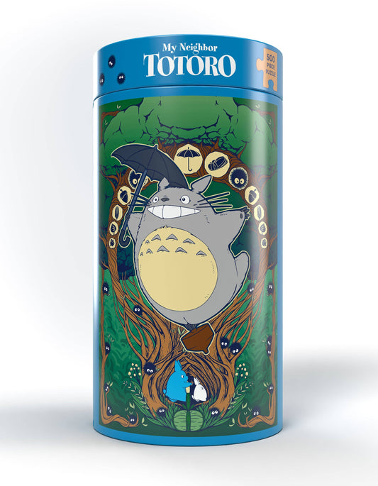 Blue tin containing 500-piece Fly with Totoro puzzle featuring Totoro and friends.