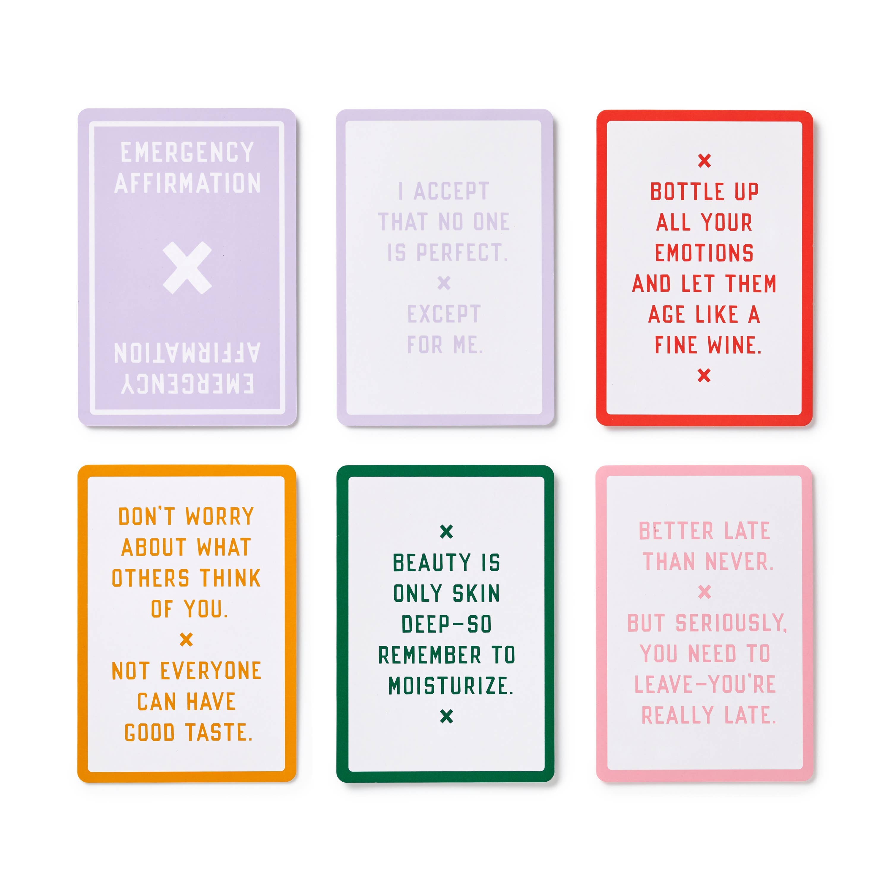 Six Brass Monkey Emergency Affirmations cards featuring witty messages, displayed in two rows.