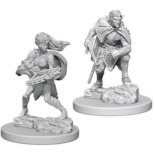 D&D NMU Drow W4 set with two pre-primed miniatures: armored woman with crossbow and man with sword and shield.