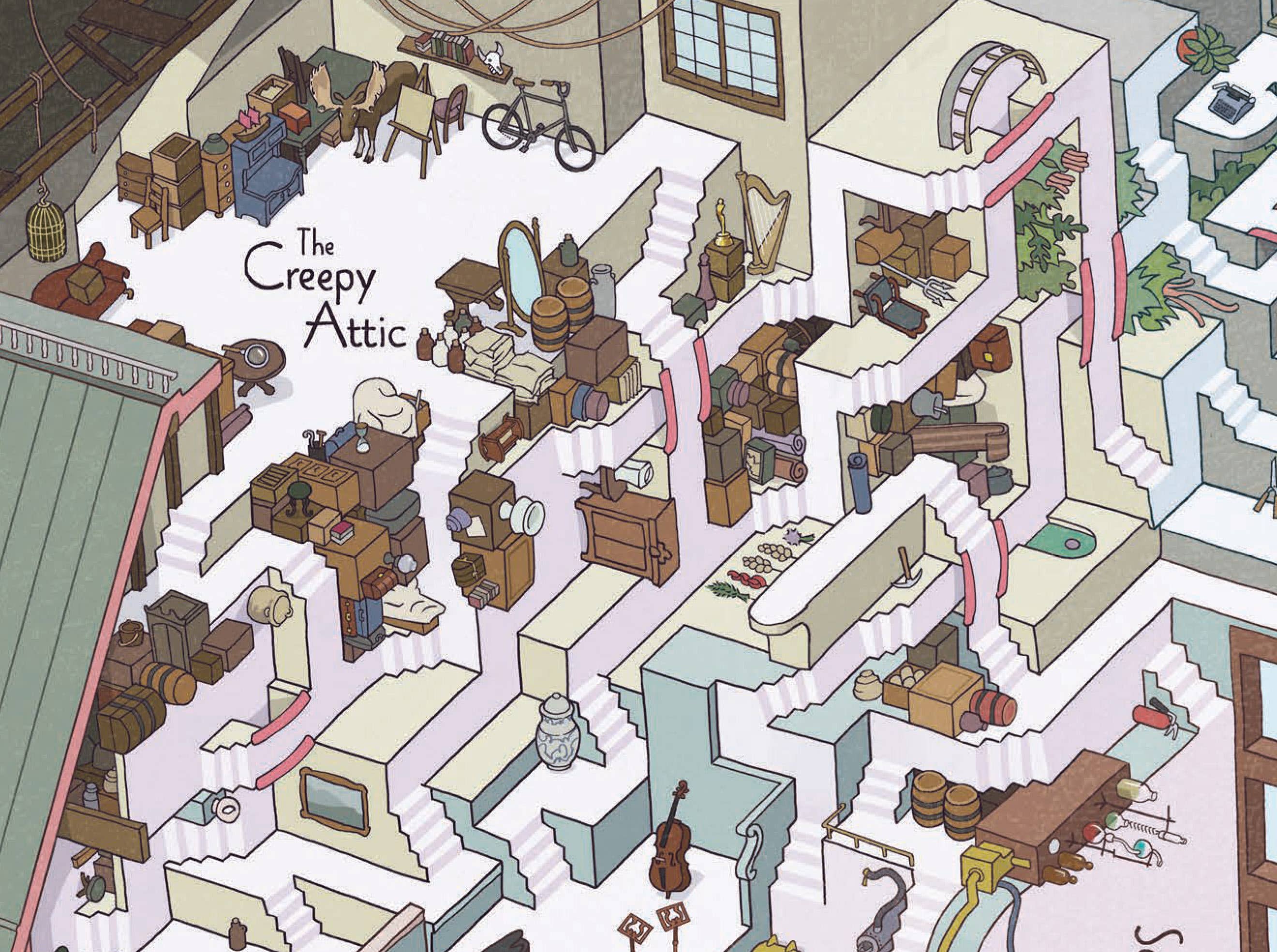 Murdle in the Mystery Mansion 500-piece puzzle featuring a logic maze with boxes, furniture, and staircases.