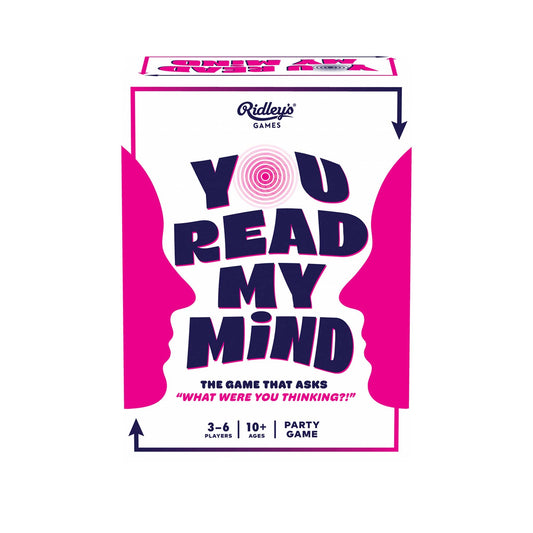 You Read My Mind board game box with pink faces and bold text on a white background.