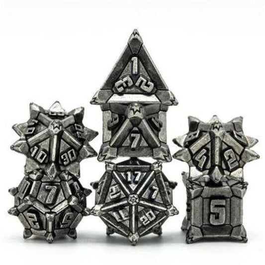 Ancient Silver Flail RPG Metal Dice Set with five ornate, spiked metal dice.