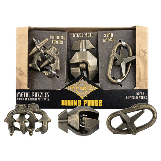True Genius Viking Forge 3-piece puzzle set with Forging Tongs, Steel Mold, and Star Gauge puzzles.