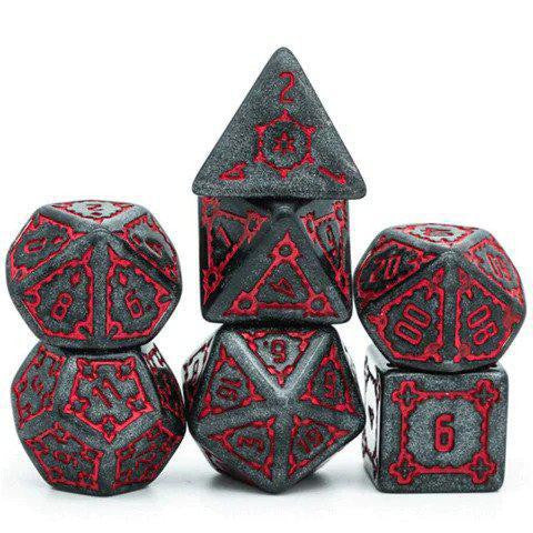 The Huge Black Castle Dice Set - 25mm includes five metallic black dice with red numbers.