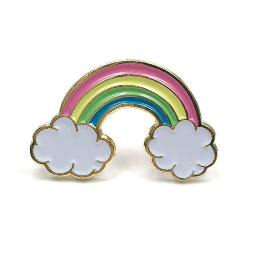 Kolorspun Pins Rainbow Enamel Pin with pink, yellow, and blue bands on black metal and white clouds.