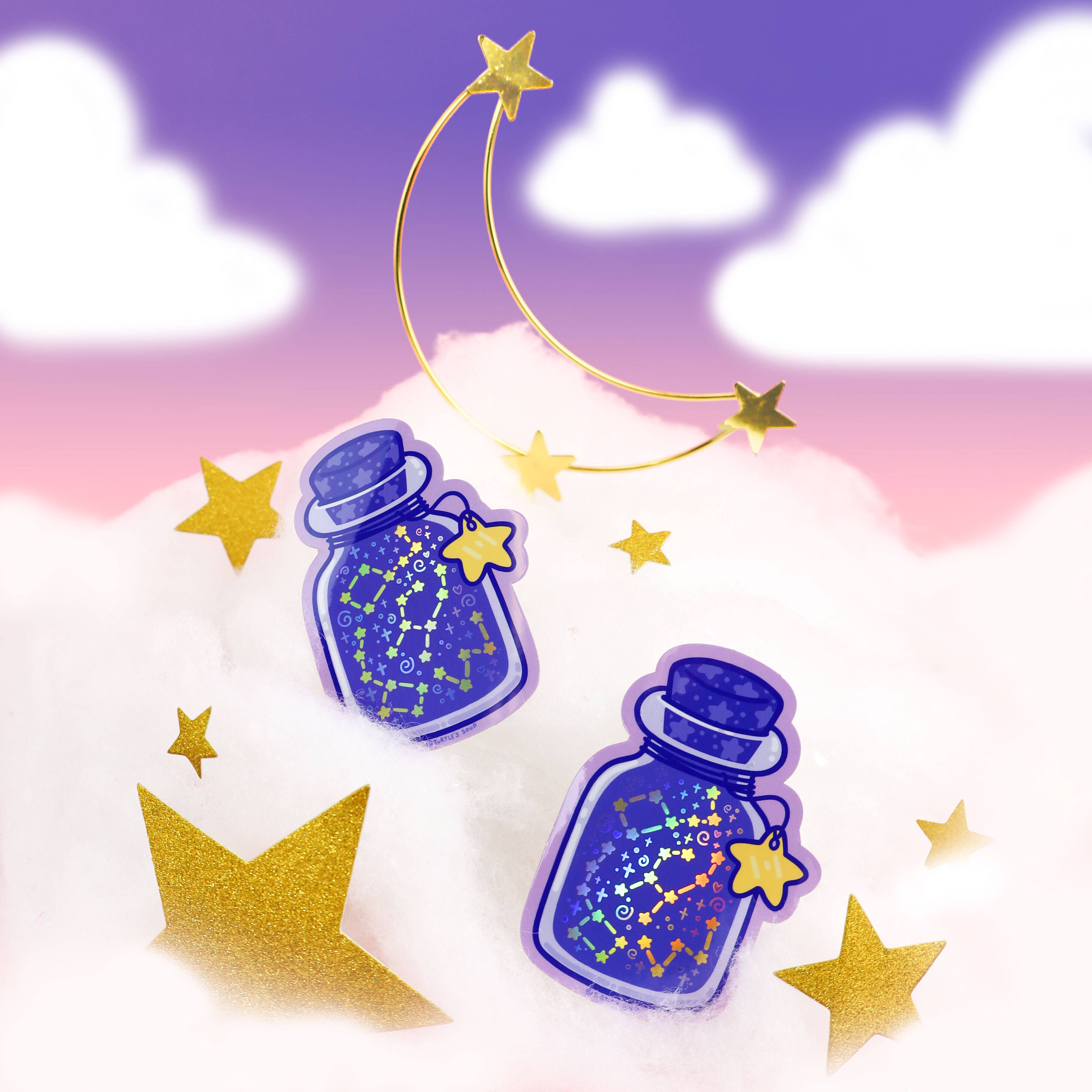 Two blue potion bottle constellation pins with a Bottle of Stars Astronomy Space Holographic Vinyl Sticker.