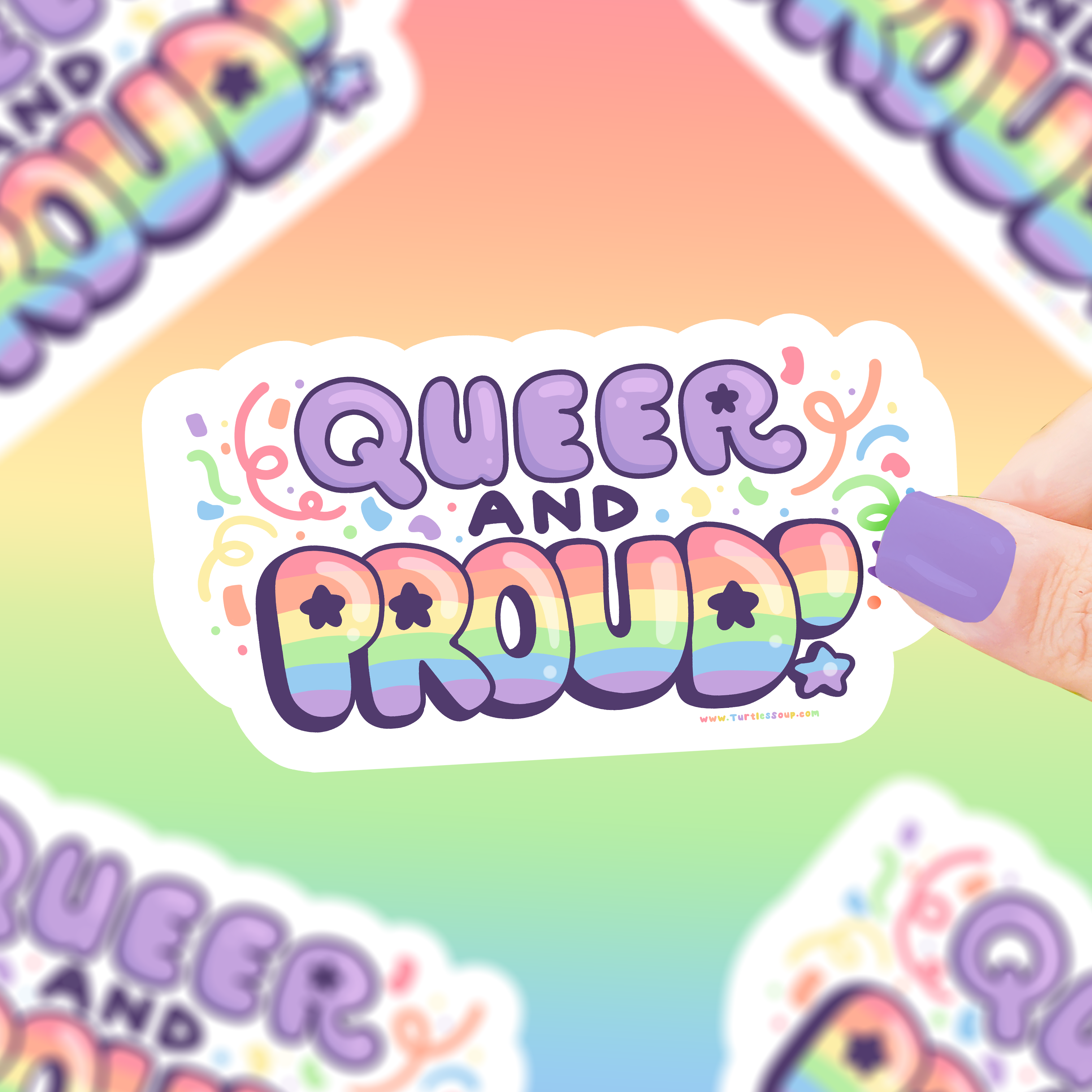 Queer and Proud LGBTQ vinyl sticker with rainbow text, held by a hand with purple-painted nails.