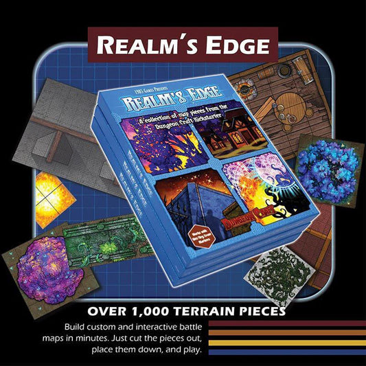 Dungeon Craft Realms Edge Book with 2D terrain and map tiles on a grid for DnD and RPG use.