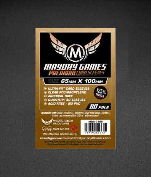 65mm x 100mm card sleeves, 80 pack, gold label, sized for 7 Wonders cards.