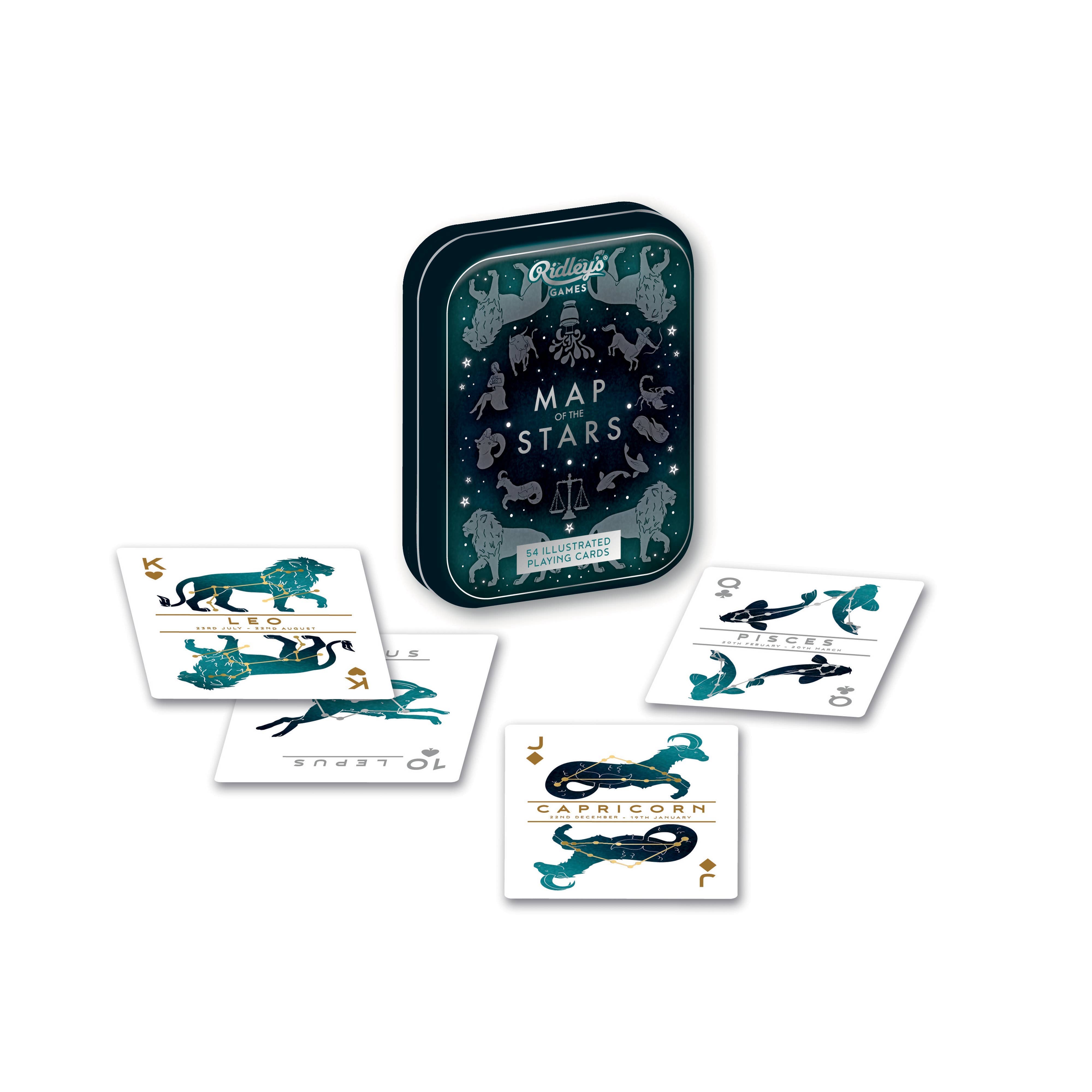 Map of the Stars Playing Cards tin with constellation cards for Leo, Pisces, Capricorn, and Aquarius.