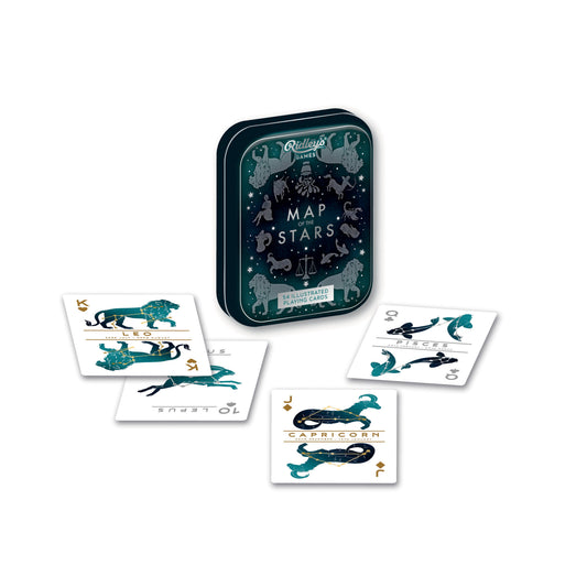 Map of the Stars Playing Cards tin with constellation cards for Leo, Pisces, Capricorn, and Aquarius.