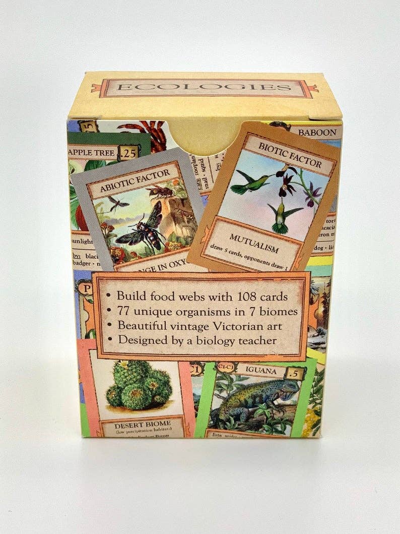 Ecologies Card Game box displaying nature-themed cards and science game information on the front.