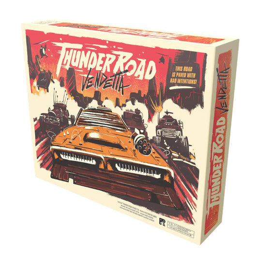 Thunder Road Vendetta game box with vehicle miniatures on a post-apocalyptic road.