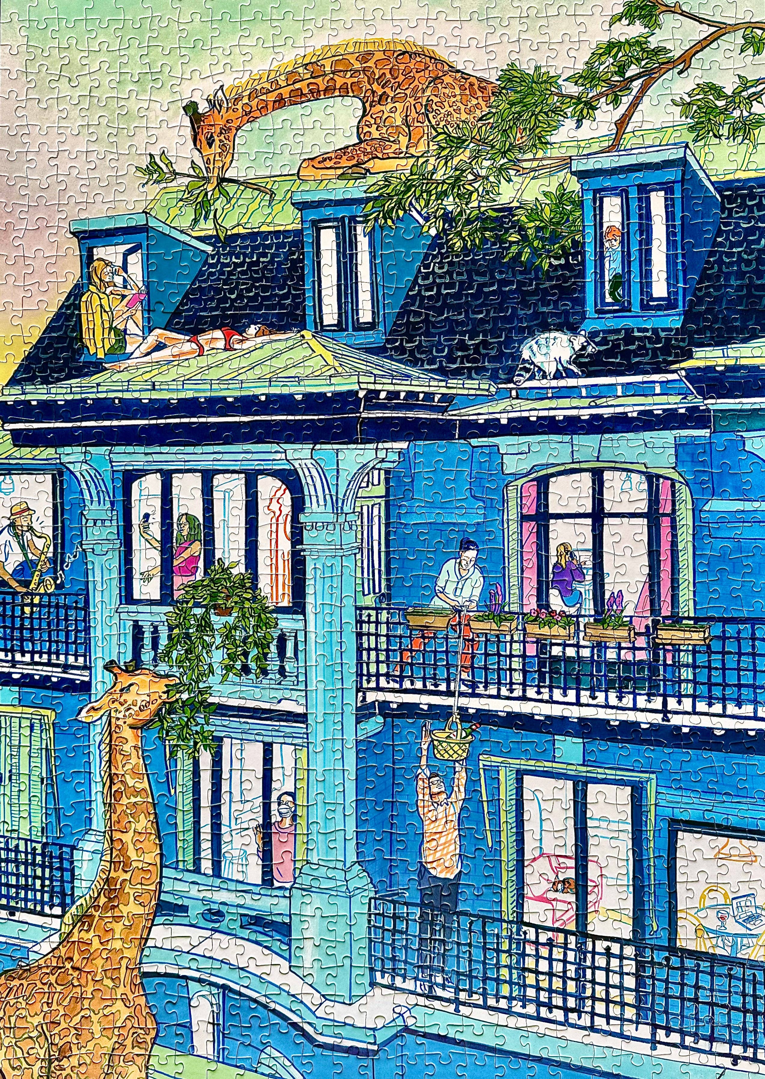 City Culture 1000-piece adult puzzle featuring Jules Monson art of giraffes on balconies in a Toronto city scene.