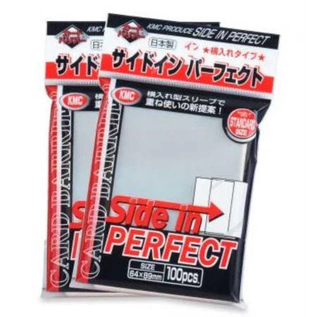 Two KMC Perfect Size: Side Clear 100c packs, each containing 100 card sleeves (64x89mm) for trading cards.