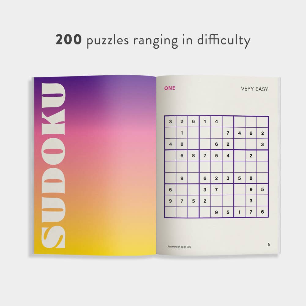Open “Mosh Presents: Sudoku” book showing SUDOKU on the left page and an easy puzzle on the right page.