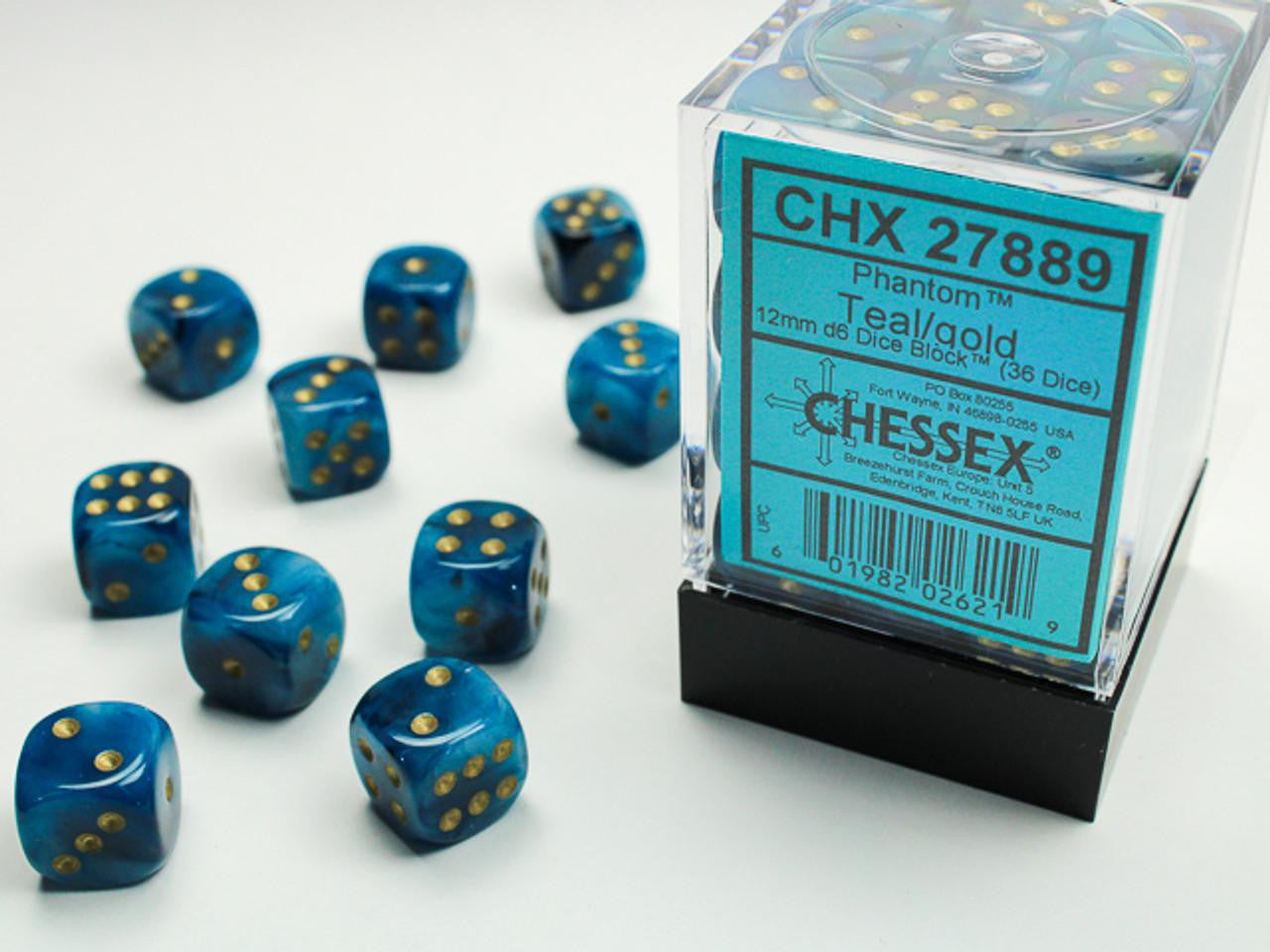 Ten teal gold dice next to a Chessex Phantom 12mm d6 Dice Block (36 dice) clear storage box.