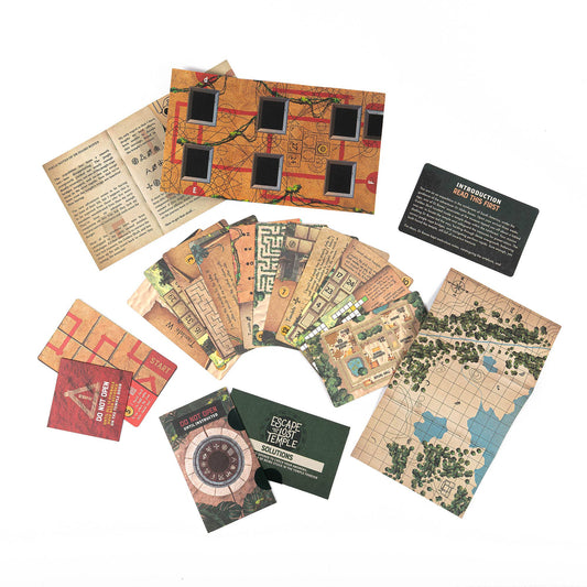 Escape from the Lost Temple board game with all included components displayed.