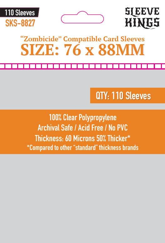 Zombicide Sleeves, 76x88mm, 110-pack, clear 60-micron polypropylene, SKU SKS-8827.