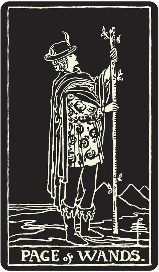 Glow In The Dark Tarot Page of Wands card featuring a youth holding a flowering staff in a glowing desert.