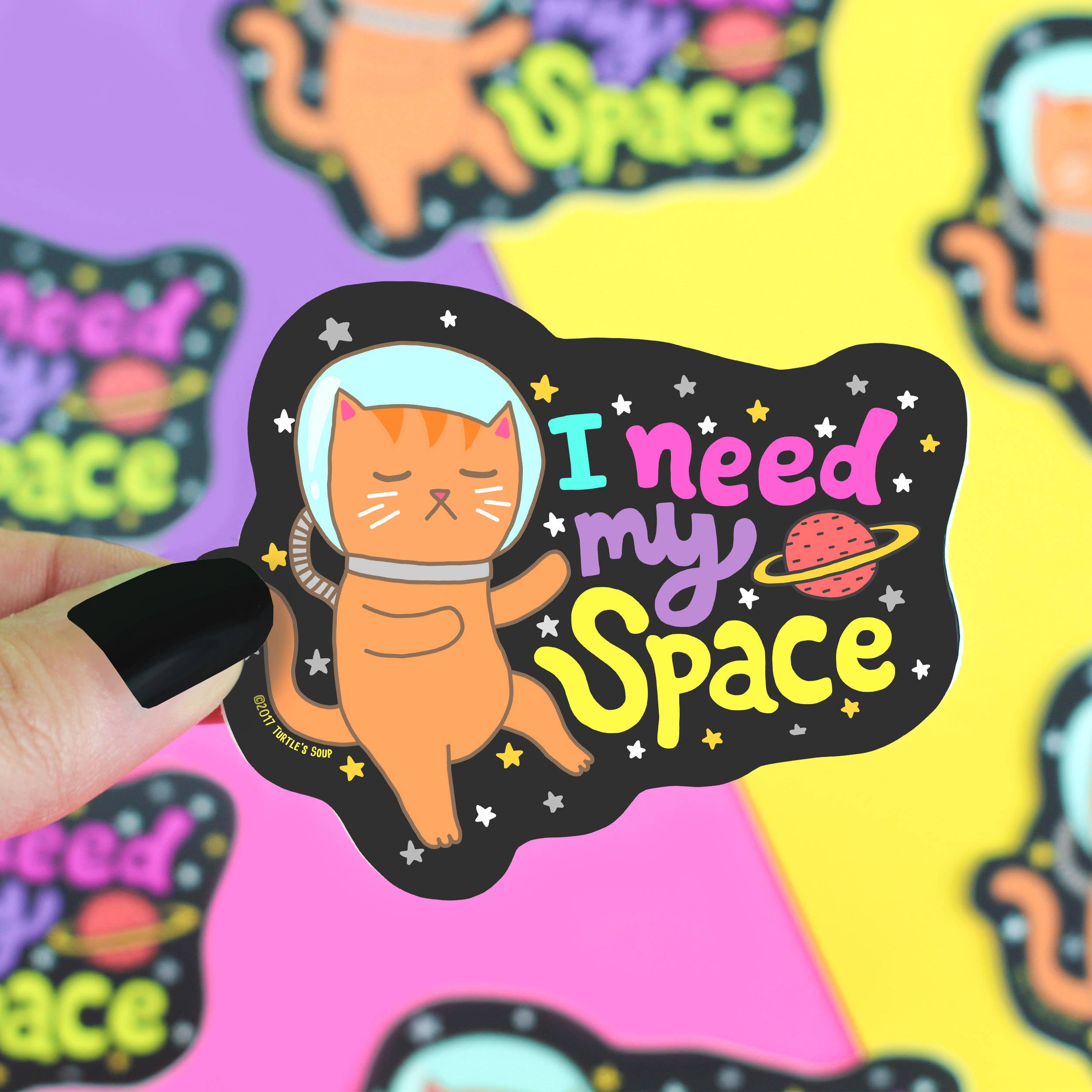 I Need My Space Galaxy Cat Holiday Gift Vinyl Sticker with cat in space helmet, stars, and planets.