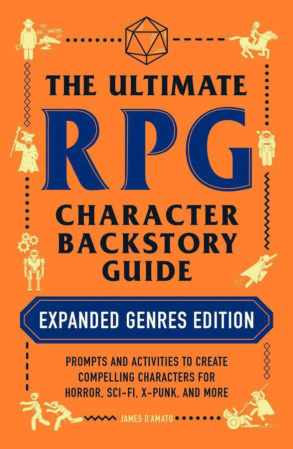 The Ultimate RPG Character Backstory Guide Expanded Genres Edition with an orange cover and genre icons.