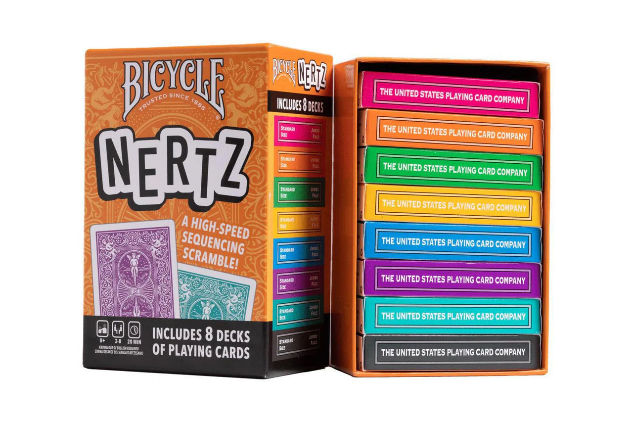 Nertz game box containing 8 colorful card decks for multiplayer play.
