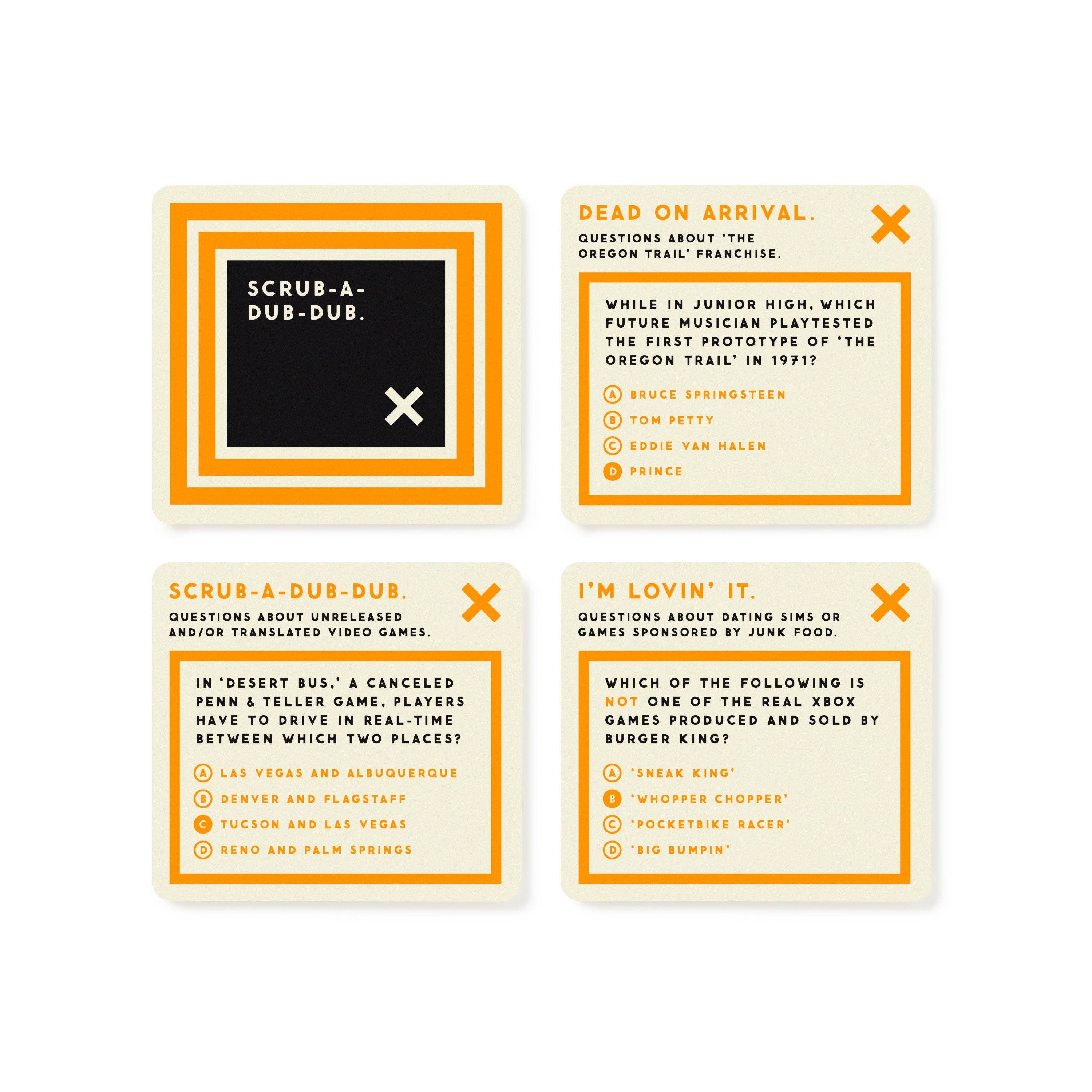 Brass Monkey Bizarre Video Game Trivia set with 4 multiplayer Q&A cards and orange, yellow, and white borders.