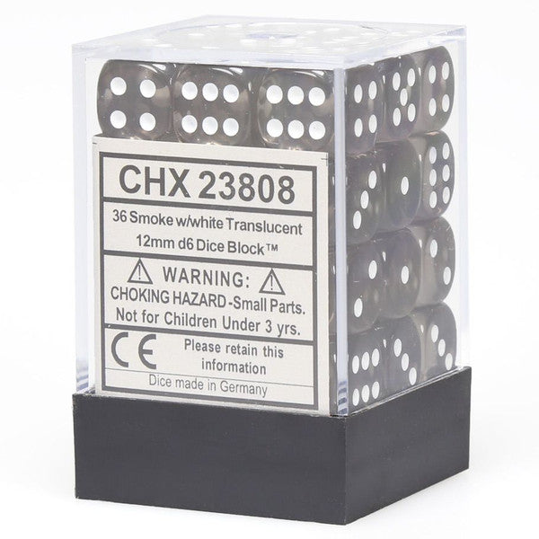 Translucent Smoke/White 36d6 set: clear box containing 36 translucent 12mm dice with white pips.