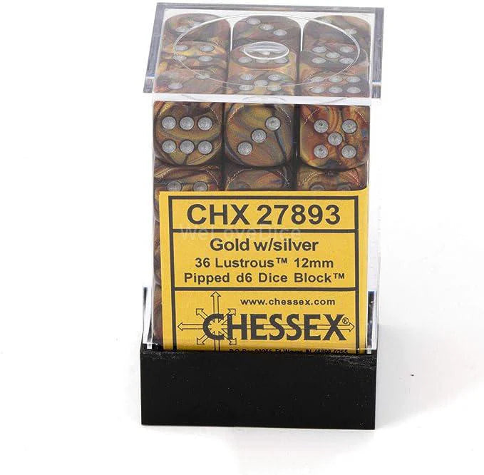 Box of 36 Chessex Lustrous Gold/Silver 12mm six-sided dice, product code CHX 27893.