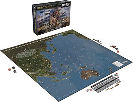 Axis & Allies Pacific 1940 Second Edition game with board, pieces, dice, and box displayed.