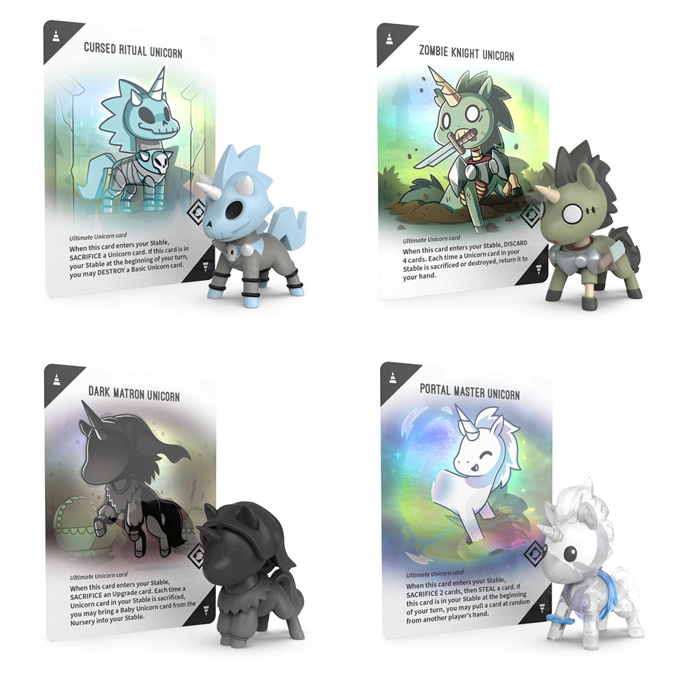 Four Unstable Unicorns Ultimate Vinyl Figure Blind Box minis with their matching character cards.