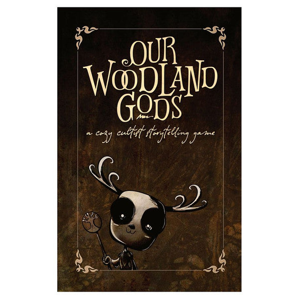 Our Woodland Gods RPG book cover with woodland cultists and a cartoon creature holding a staff.
