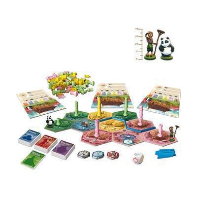 Takenoko board game components: tiles, cards, tokens, bamboo pieces, panda and gardener figures.