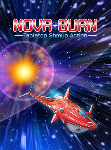 Nova Burn tabletop shmup game box featuring a red spaceship flying toward a glowing planet.