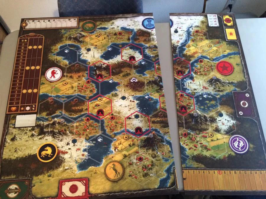 Scythe Board Extension featuring a larger, colorful game board with big hexes, tokens, and animal symbols.