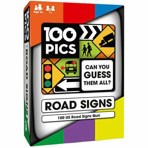 100 PICS US Road Signs flash card quiz game with 100 cards featuring different US road signs.