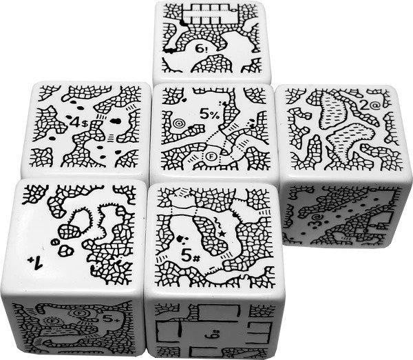 Six white DungeonMorph Dice Delver Set dice with black dungeon map designs.