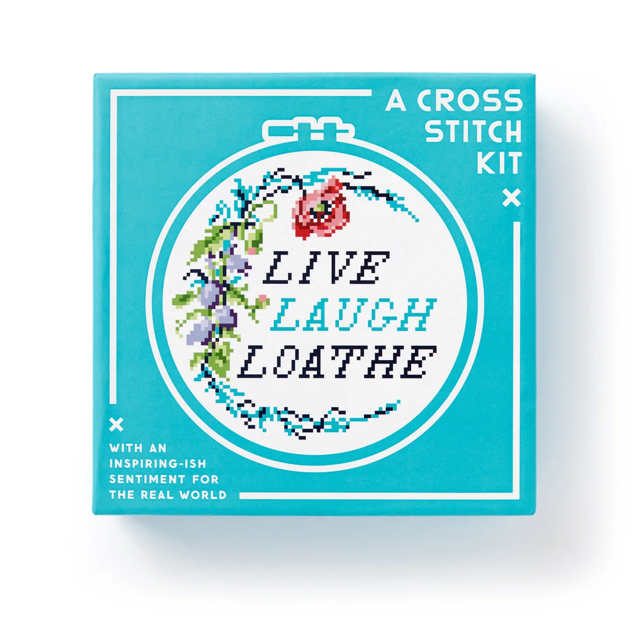 Live Laugh Loathe Cross Stitch Kit in turquoise box with floral LIVE LAUGH LOATHE text on front.
